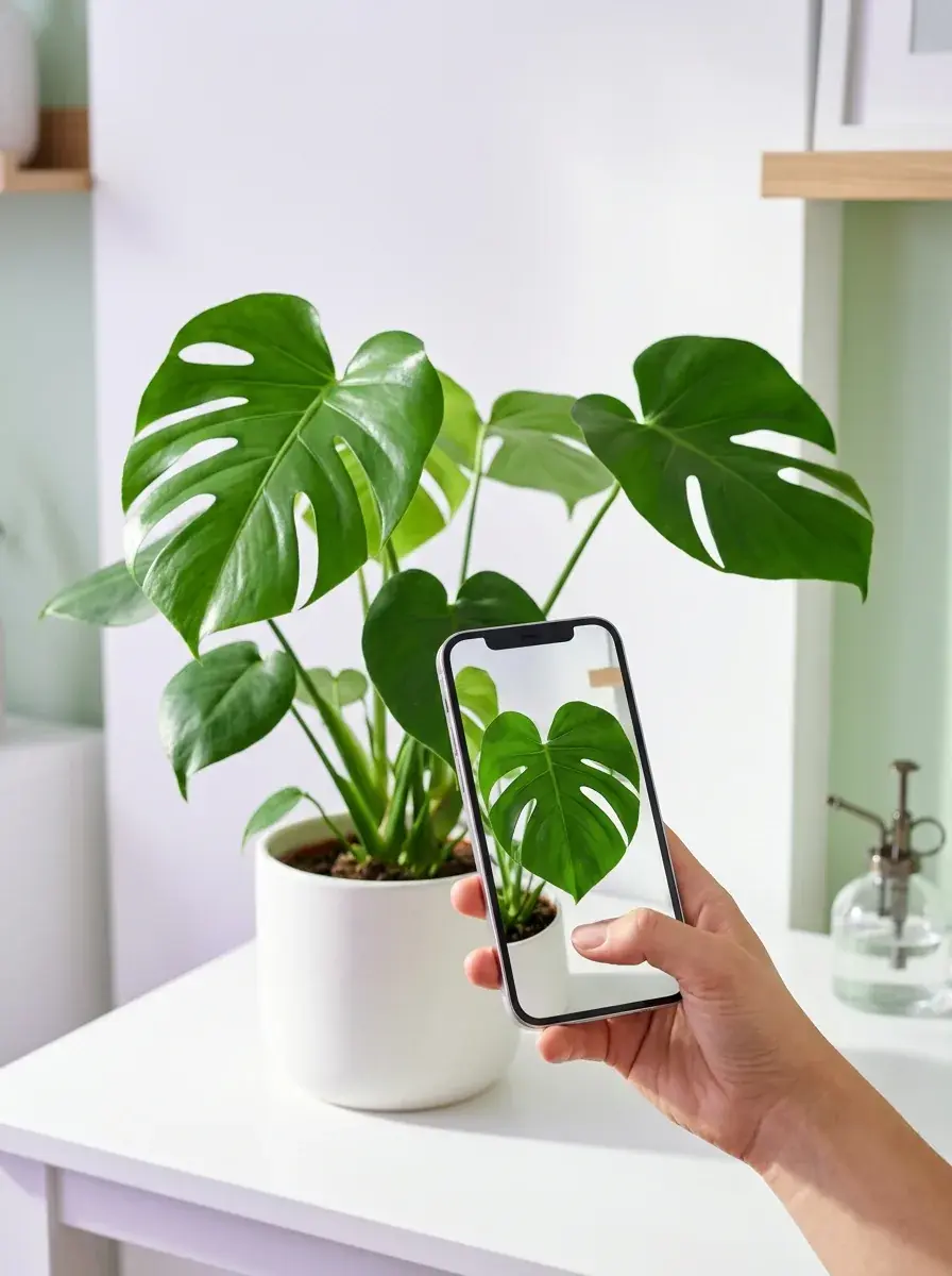 Smartphone taking a photo of a green potted plant to identify it