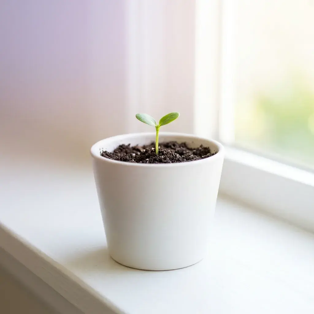 Small green sprout in a white pot